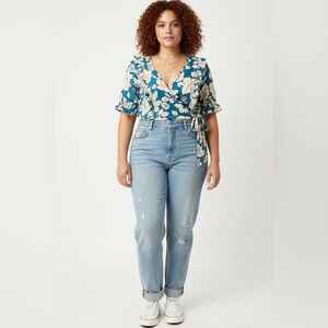 Floral Wrap Blouse Turquoise/Cream Plus Size Cottagecore Soft Girl Women's 4X